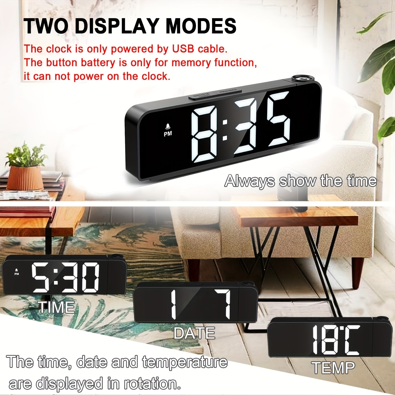 LED Projektionsväckarklocka – Temperatur- och datumsdisplay med USB-ström