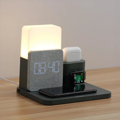 4 i 1 Snabb Trådlös Laddningsstation Väckarklocka med Lampa för Apple