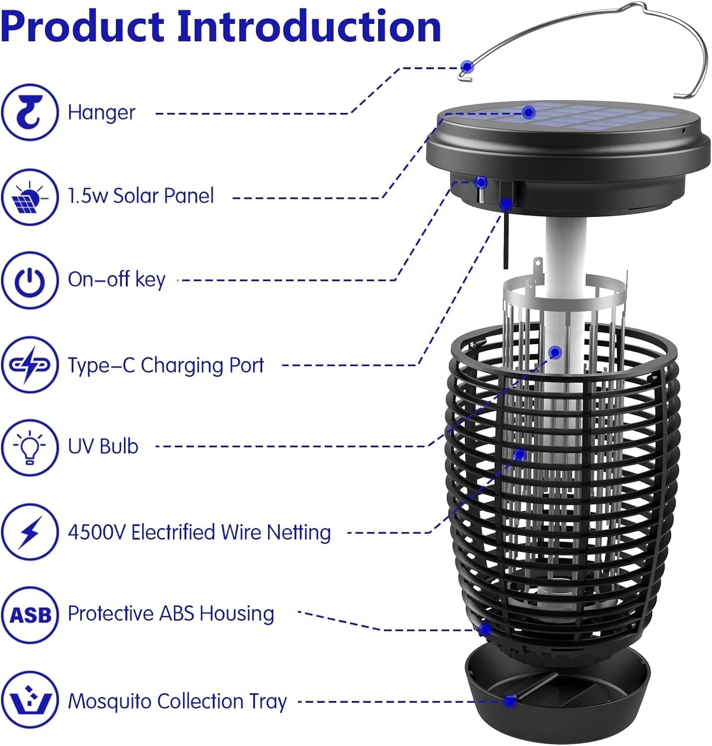 Solar Bug Zapper 2-i-1 Myggkiller Lampa – 4500V Inomhus &amp; Utomhus Fluga Fälla