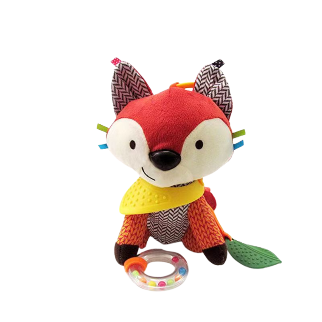 Sensorisk babyplys leksak med skallra och silikonfäste för tandning