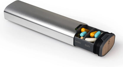 7-Dagars Pillerbox - Stilren Aluminium &amp; Trä Pillerorganisator för Vitaminer &amp; Medicin