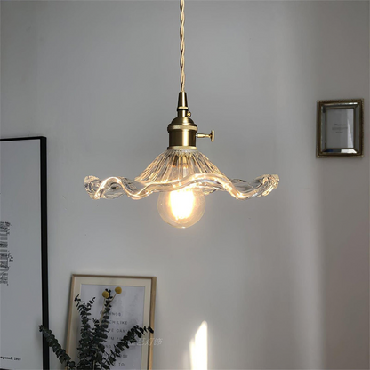 Art Nouveau Fluted Glass Pendant | Flower-Inspired Shade | H4.72in x D9.06-23.62in | Brass &amp; Glass Craftsmanship | Brick by Brick