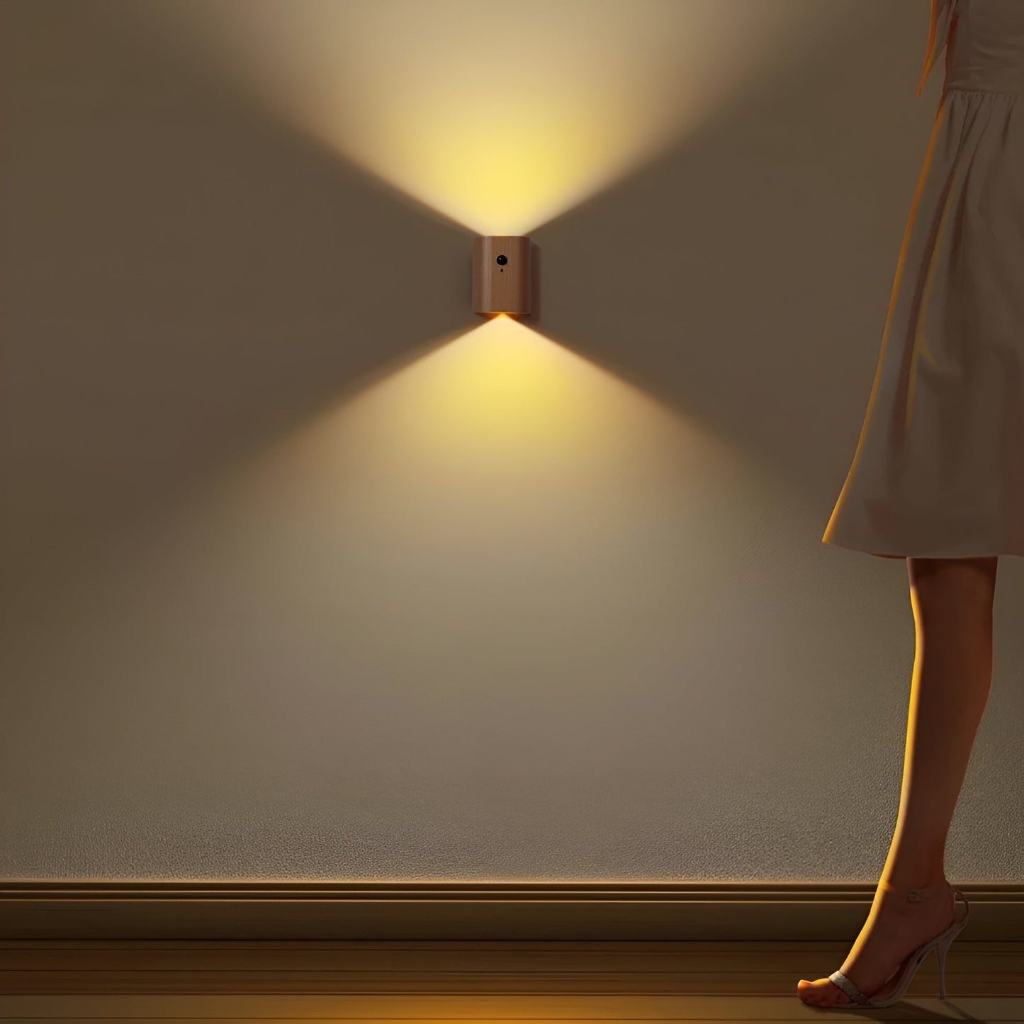 LED vägglampa i trä – Med rörelsesensor & USB | För hall & trappa