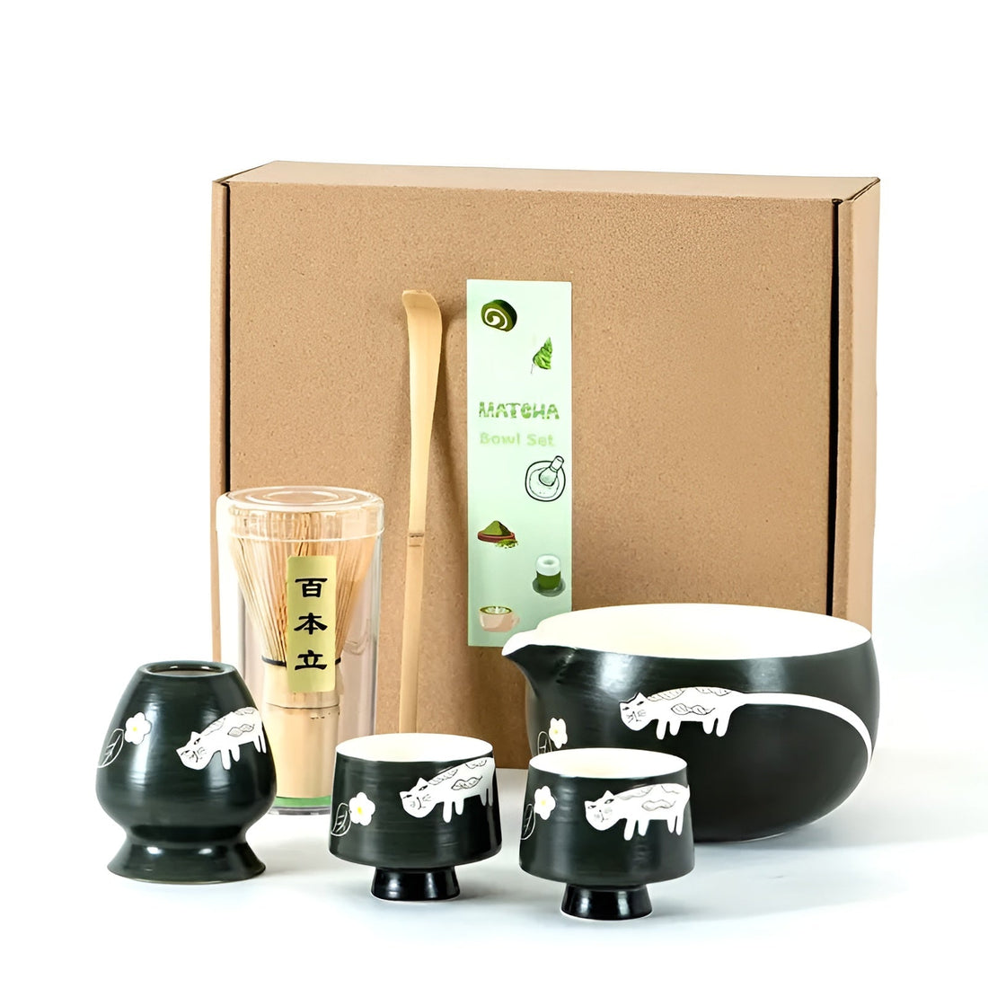 Matcha Set med kattdesign – Inklusive skål, bambusvisp &amp; sked | Perfekt present för teälskare