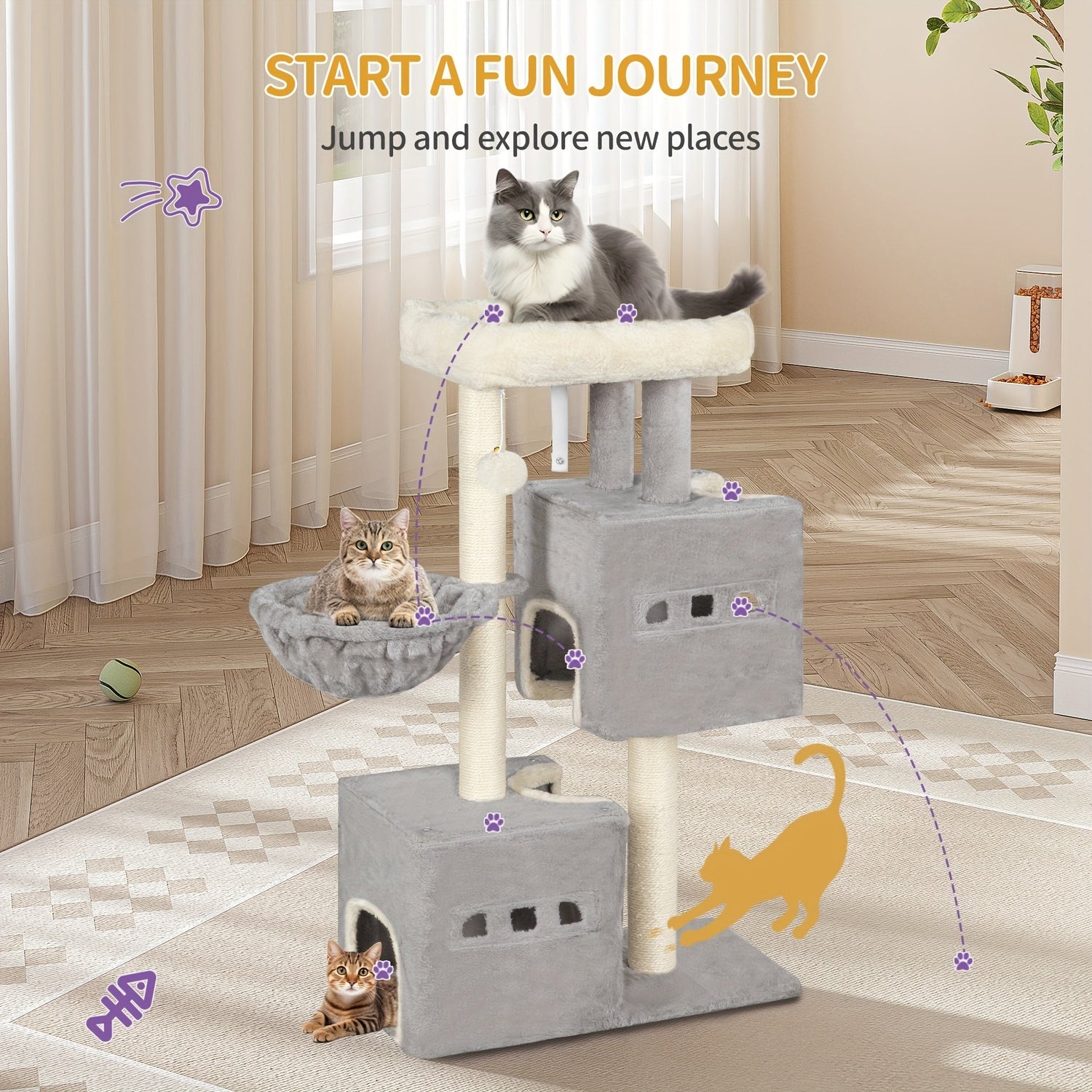 Flerfärgad Kattträd med Klösstolpe och Mysiga Grottor