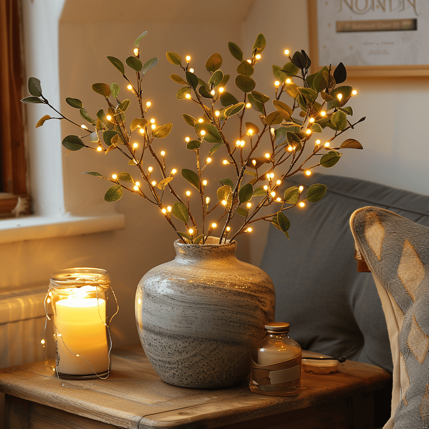 Konstgjord Olivgren med LED Tändstjärnor – Boho