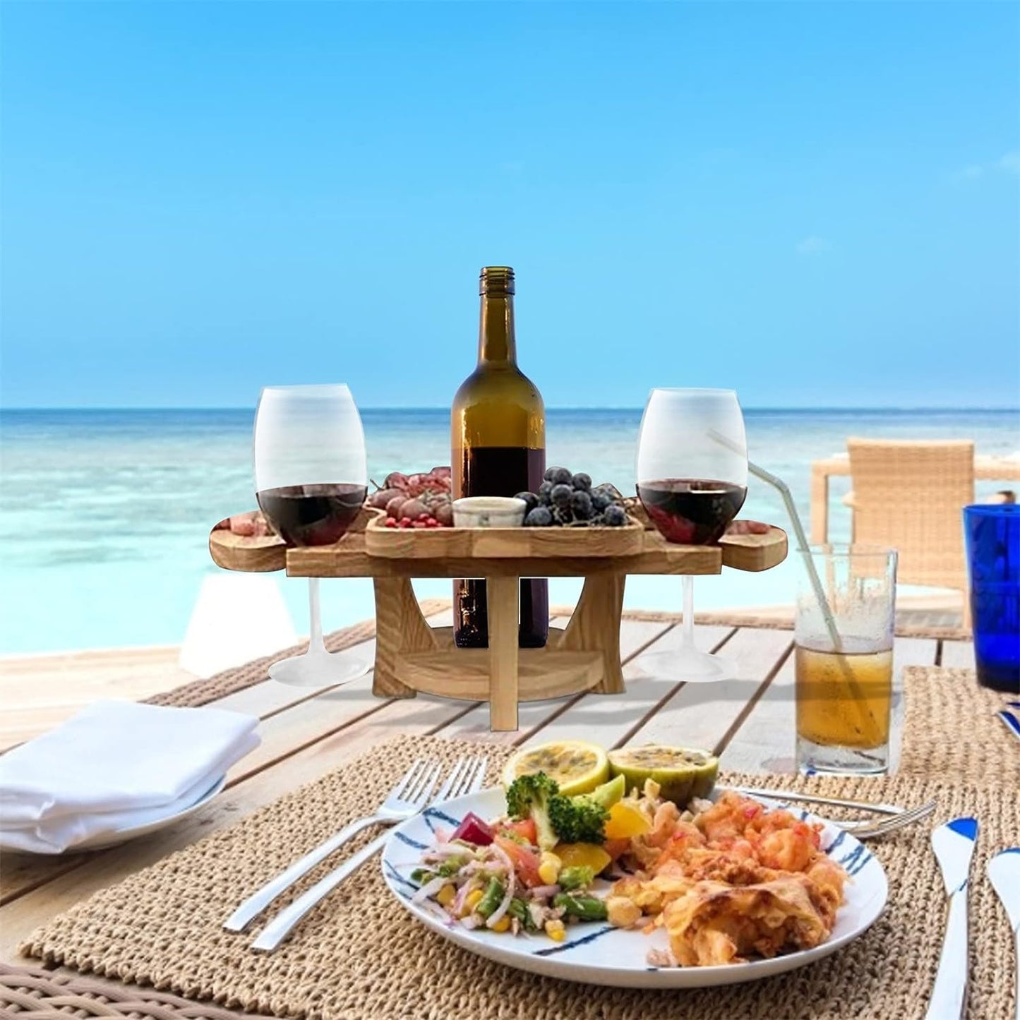 Carvallo-in-1 Utomhusbord Frulino DuoTray | Fällbar fruktskål & vinglasstativ | Av trä | Bärbar & Elegant | För picknick & trädgård