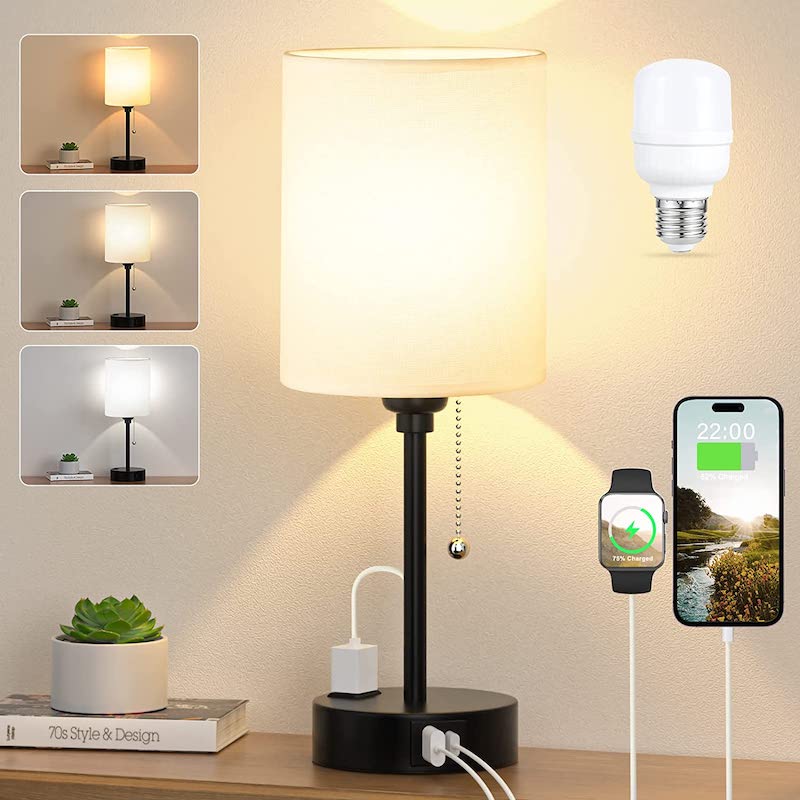 Sovrumslampa - 3 Färger Temperatur, USB-C och USB-A Uttag, Dragkedja Bordslampa med AC Uttag