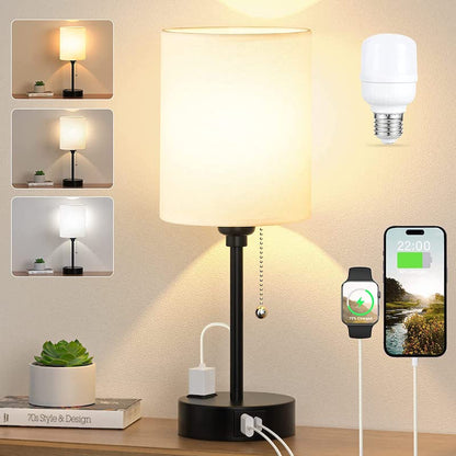 Sovrumslampa - 3 Färger Temperatur, USB-C och USB-A Uttag, Dragkedja Bordslampa med AC Uttag