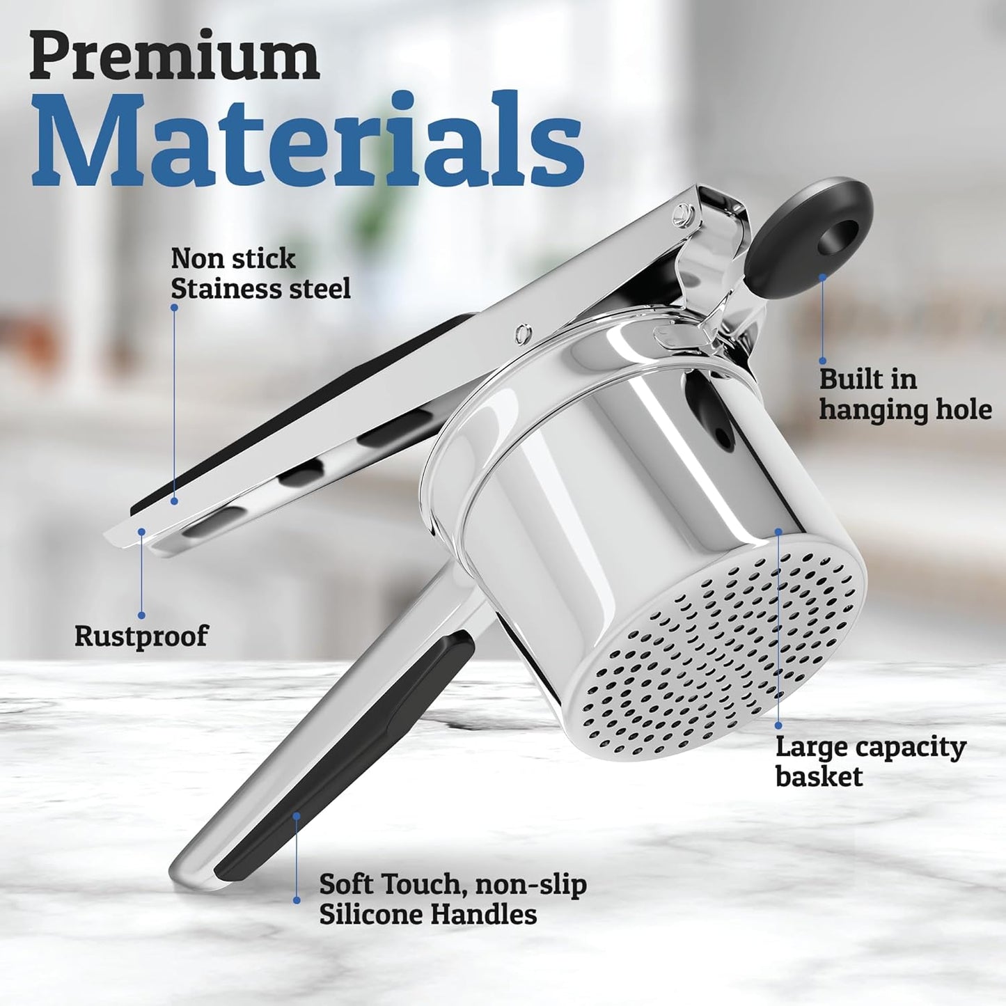 Carvallo Pro rostfritt stål potatispress 15oz | Extra stor kapacitet | För puré, grönsaker & frukt | Klumpfri & robust