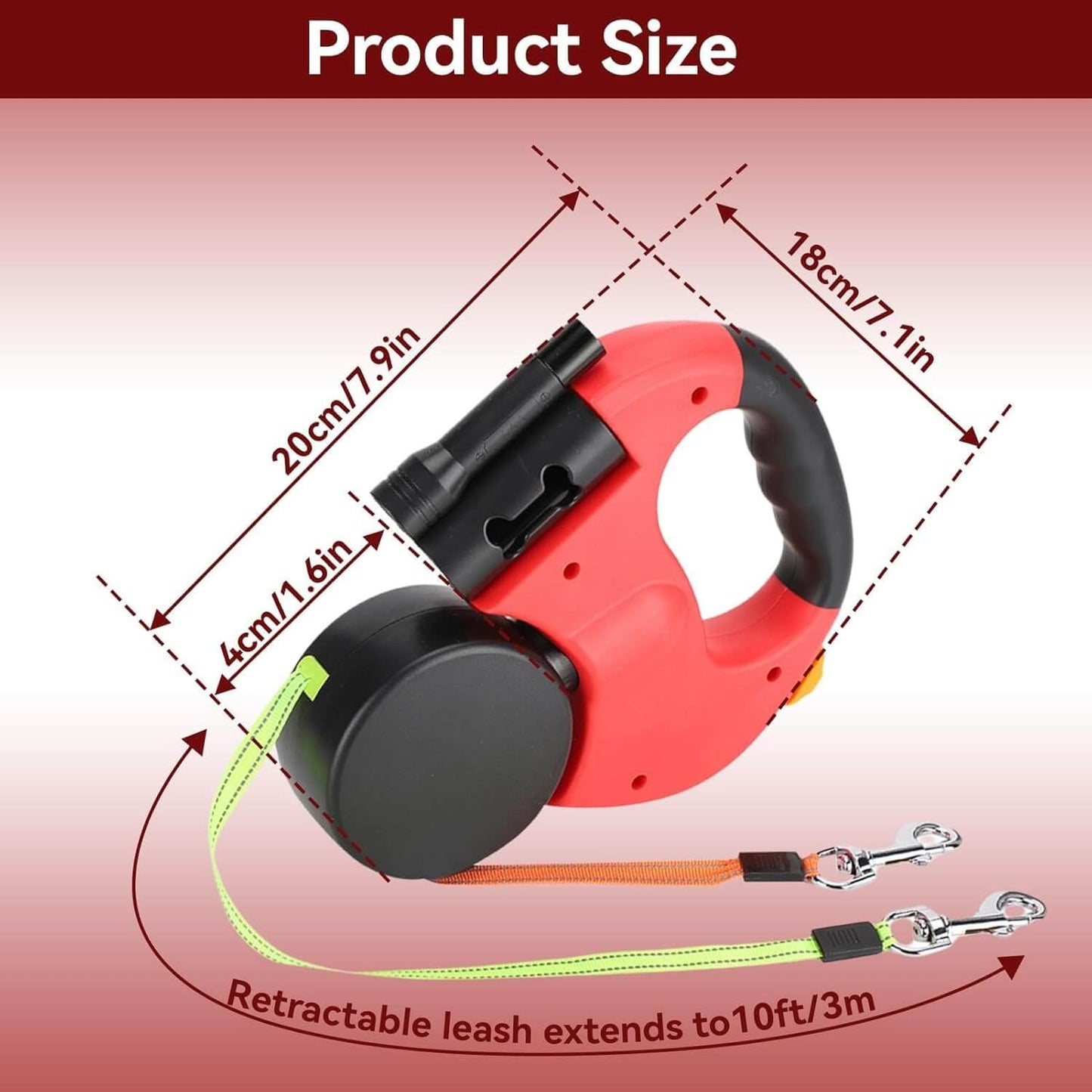 Royallure 10 ft Dubbel Återdragbar Hundleash med Inbyggd Ficklampa & Avfallspåsehållare