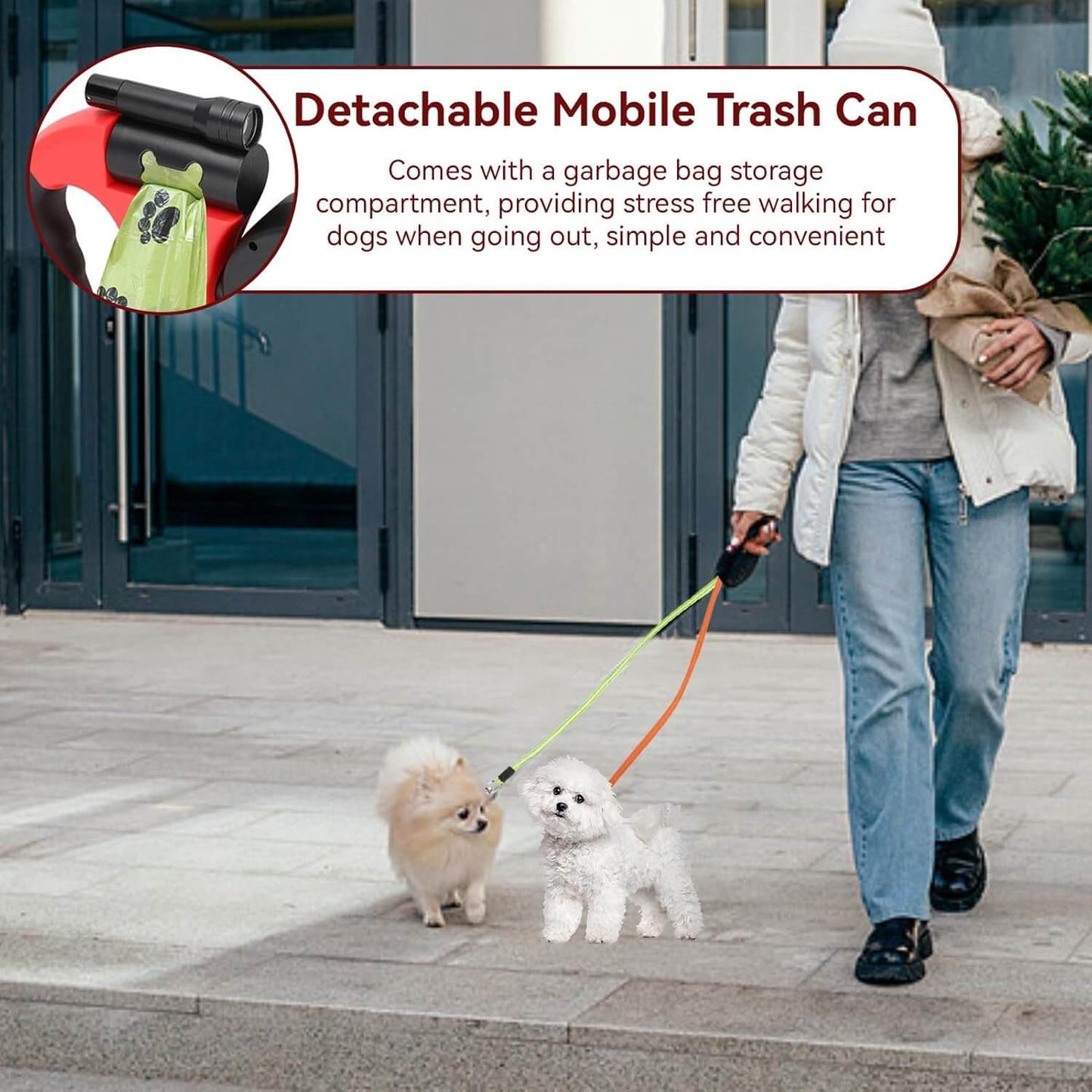 Royallure 10 ft Dubbel Återdragbar Hundleash med Inbyggd Ficklampa & Avfallspåsehållare