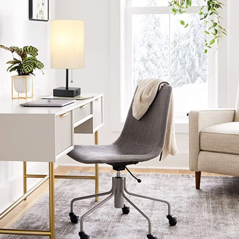 USB Bordslampa - Bordslampa med 2 USB Laddportar, 2700K LED Lampa, Linne Lampkjol