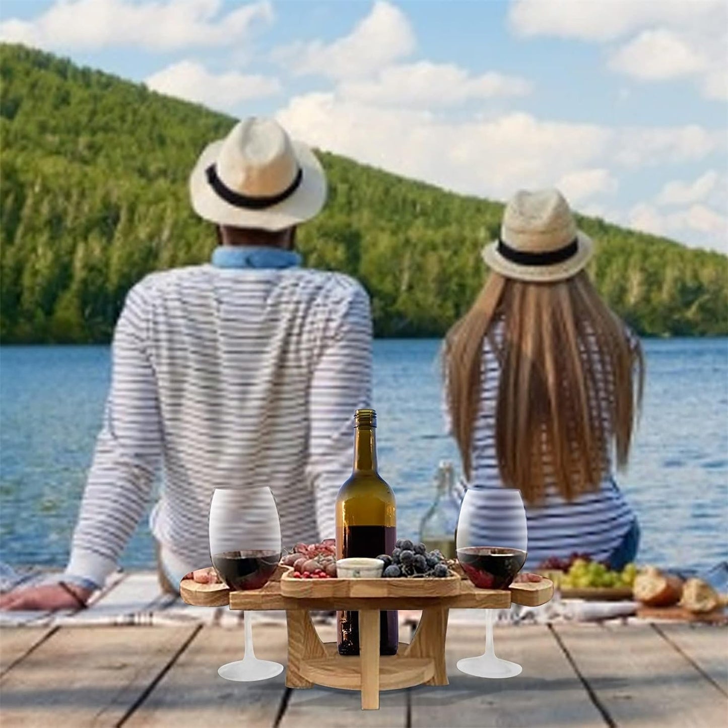 Carvallo-in-1 Utomhusbord Frulino DuoTray | Fällbar fruktskål & vinglasstativ | Av trä | Bärbar & Elegant | För picknick & trädgård