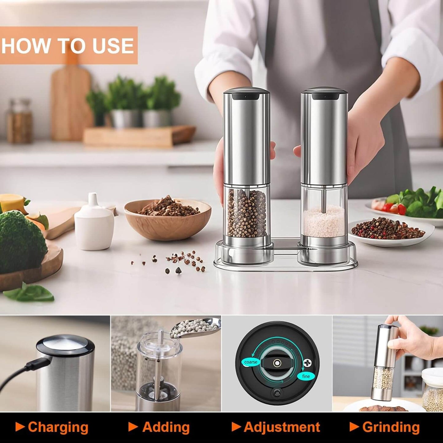 Royallure Electric Salt & Pepper Grinder Set – Justerbar Grovlek, LED-Decorator, Enhandanvändning