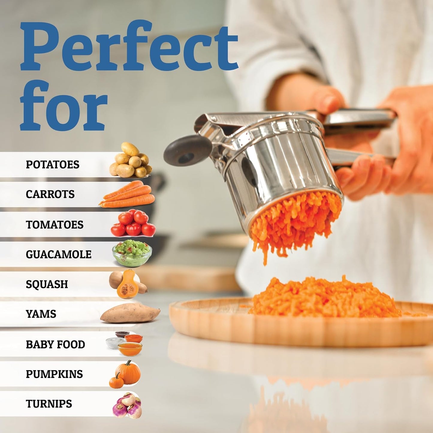 Carvallo Pro rostfritt stål potatispress 15oz | Extra stor kapacitet | För puré, grönsaker & frukt | Klumpfri & robust