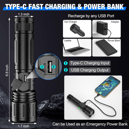 LED Ficklampa med zoombar stråle och powerbank