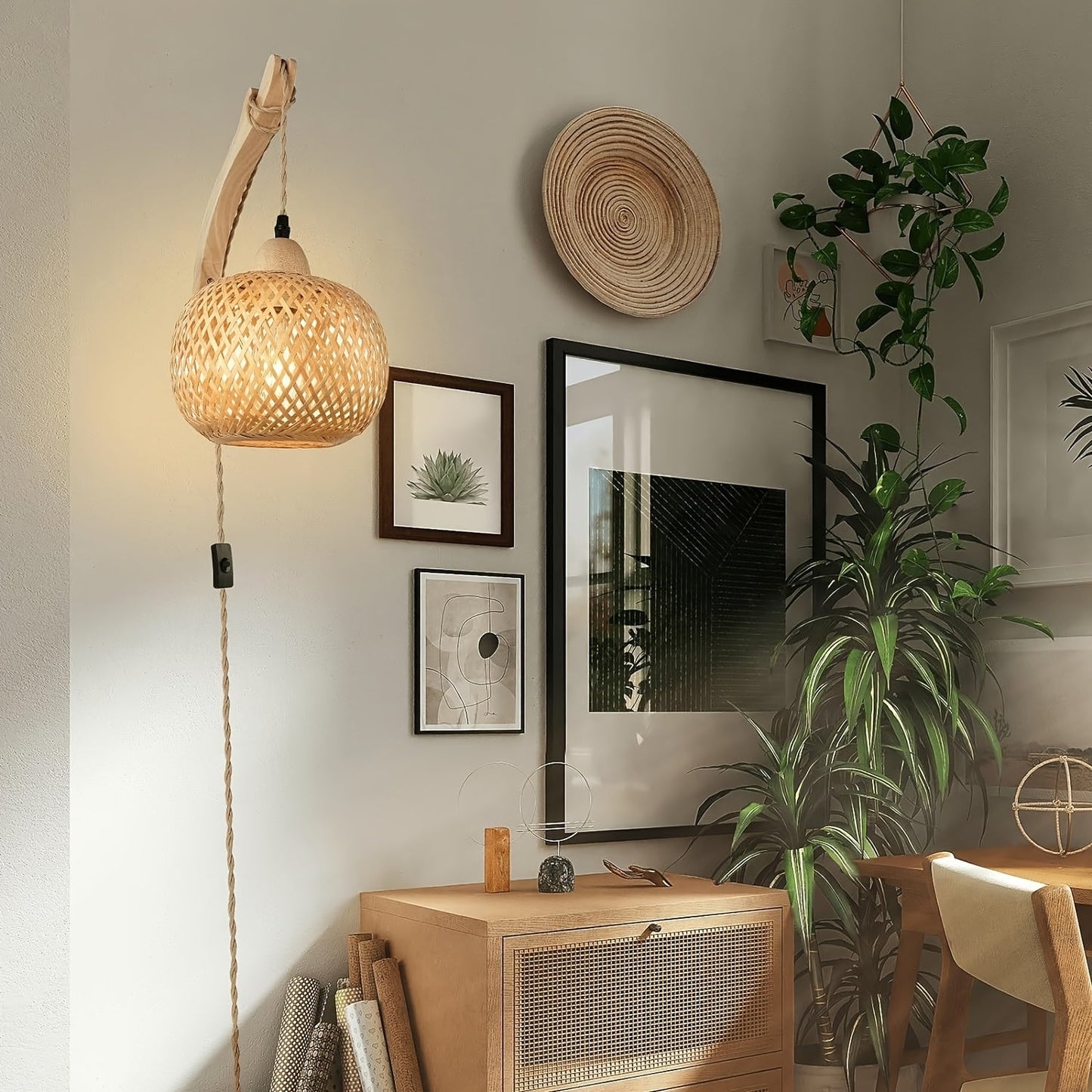 Rustik Bamboo Vägglampa – Vävd Skärm med Stikkontakt i Retro Stil