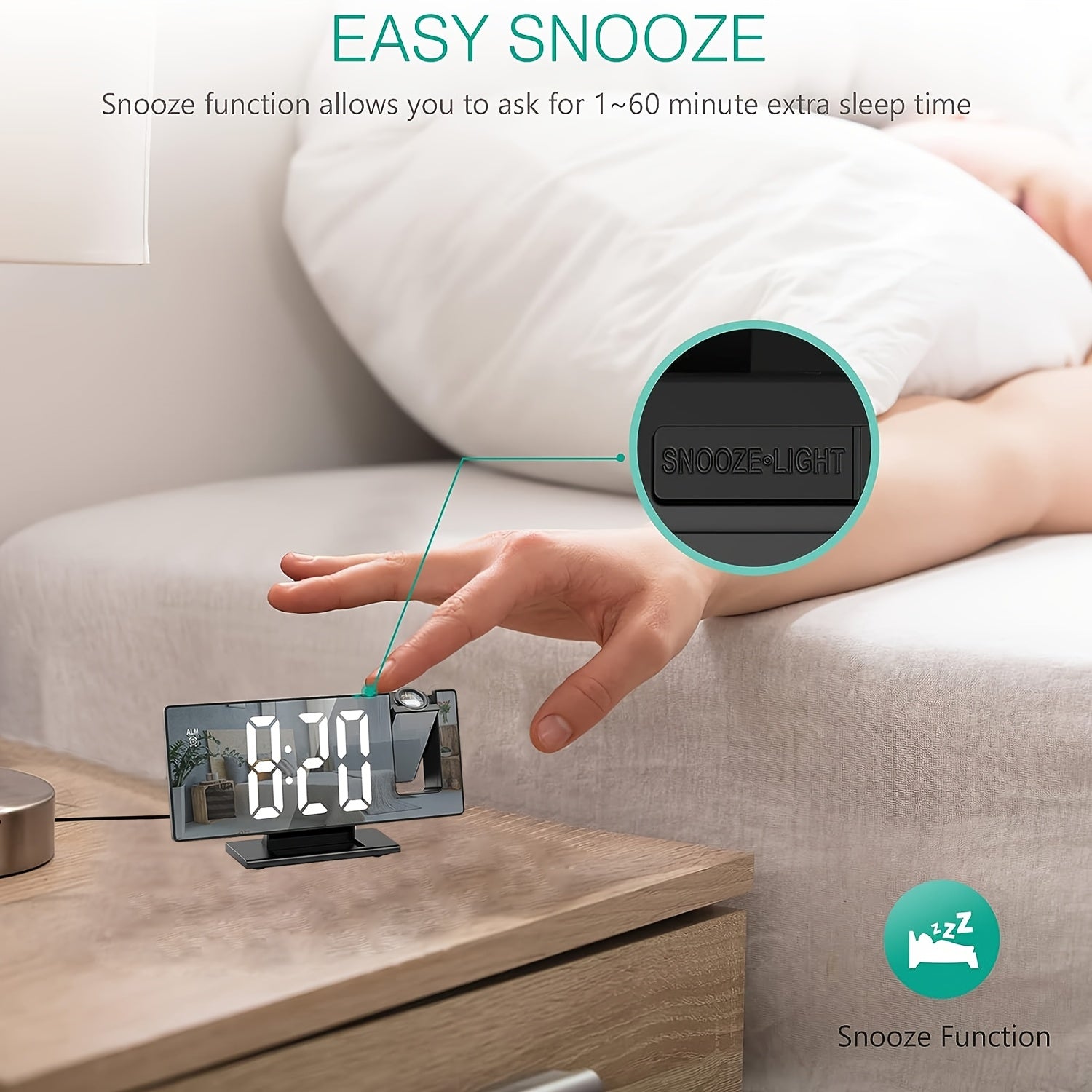 LED-projektionsväckarklocka med 180° justerbar projektion – Klar display och snooze-funktion för sovrum eller kontor