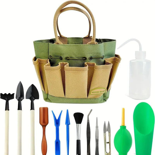 Carvallo Mini Trädgårdsverktyg-set | 13-delar | För Bonsai, suckulenter & rumsväxter | Med organiseringsväska