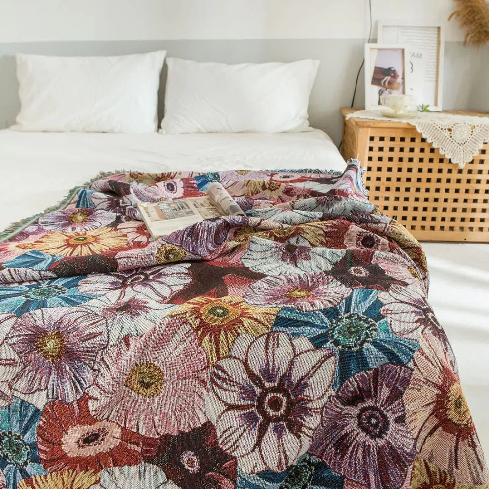 Vintage Flora Vävda Fransad Filt