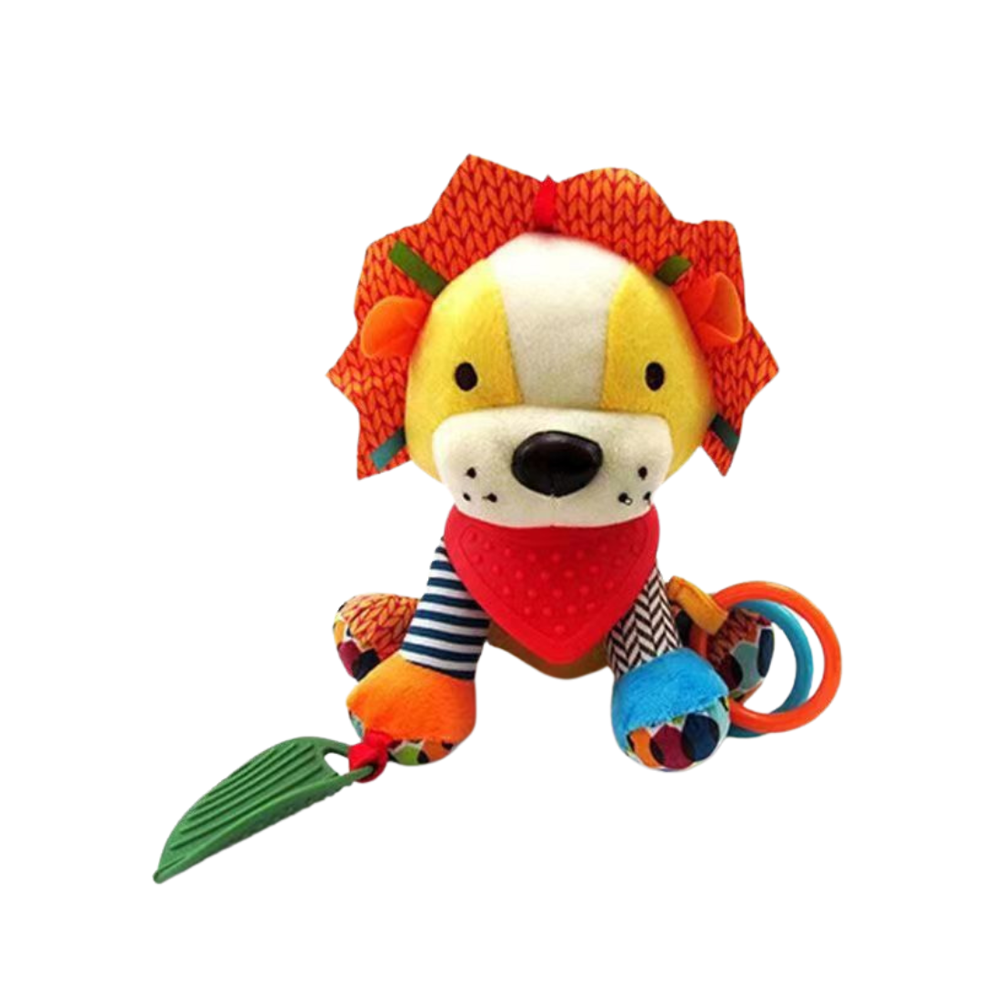 Sensorisk babyplys leksak med skallra och silikonfäste för tandning