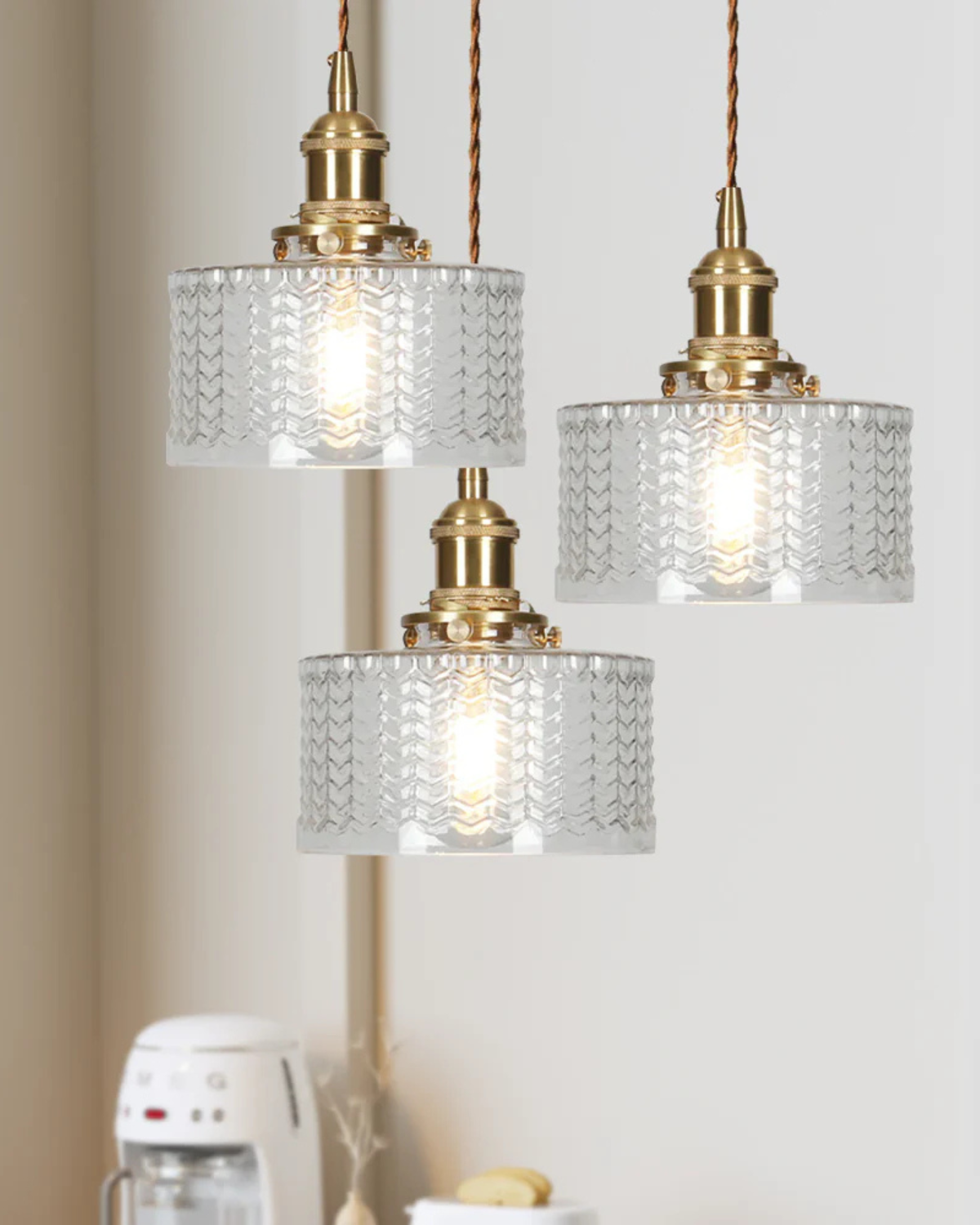 Vintage Glass Ceiling Pendant | Textured Glass & Brass | Warm 3000K Glow
