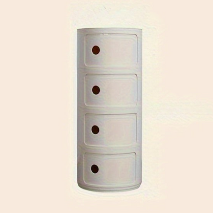 Sängbord med runda plastförvaringslådor