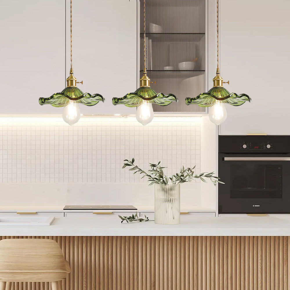 Art Nouveau Fluted Glass Pendant | Flower-Inspired Shade | H4.72in x D9.06-23.62in | Brass &amp; Glass Craftsmanship | Brick by Brick