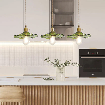 Art Nouveau Fluted Glass Pendant | Flower-Inspired Shade | H4.72in x D9.06-23.62in | Brass &amp; Glass Craftsmanship | Brick by Brick