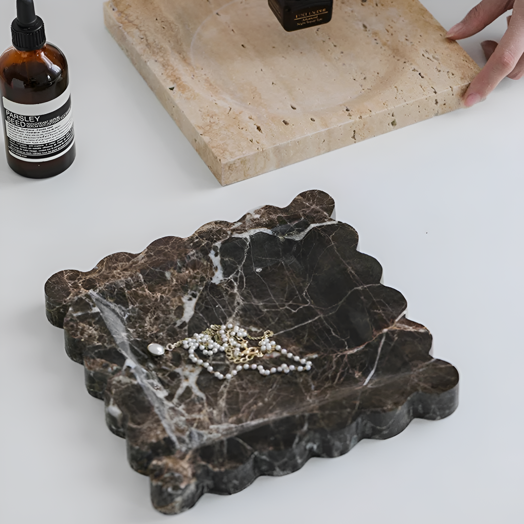 Scalloped Marble Travertine Jewelry Tray