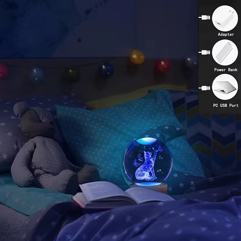 CrystalGlow - 3D Katt & Fjäril Kristallboll Nattlampa med Träfot