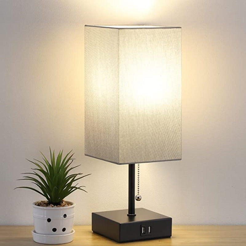 USB Bordslampa - Bordslampa med 2 USB Laddportar, 2700K LED Lampa, Linne Lampkjol