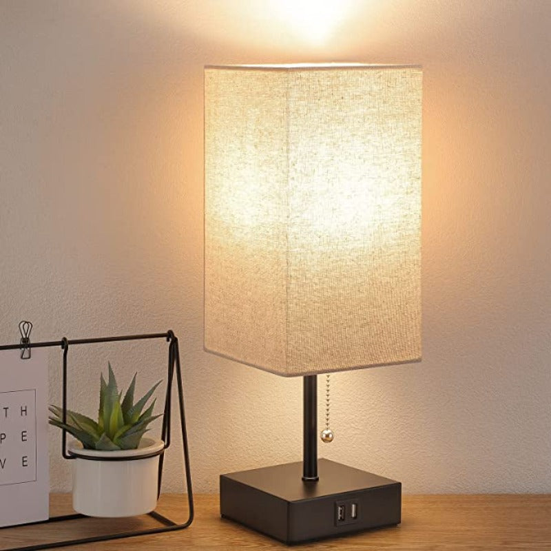 USB Bordslampa - Bordslampa med 2 USB Laddportar, 2700K LED Lampa, Linne Lampkjol