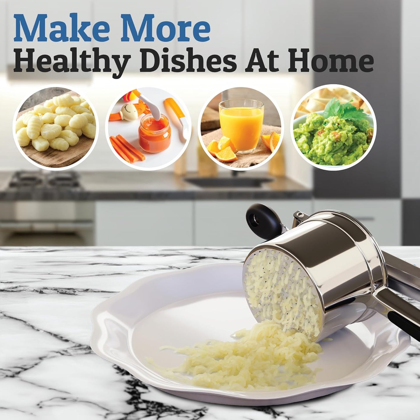 Carvallo Pro rostfritt stål potatispress 15oz | Extra stor kapacitet | För puré, grönsaker & frukt | Klumpfri & robust