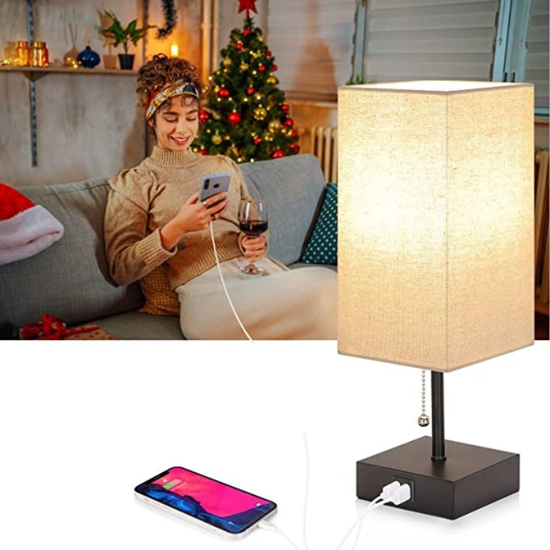 USB Bordslampa - Bordslampa med 2 USB Laddportar, 2700K LED Lampa, Linne Lampkjol