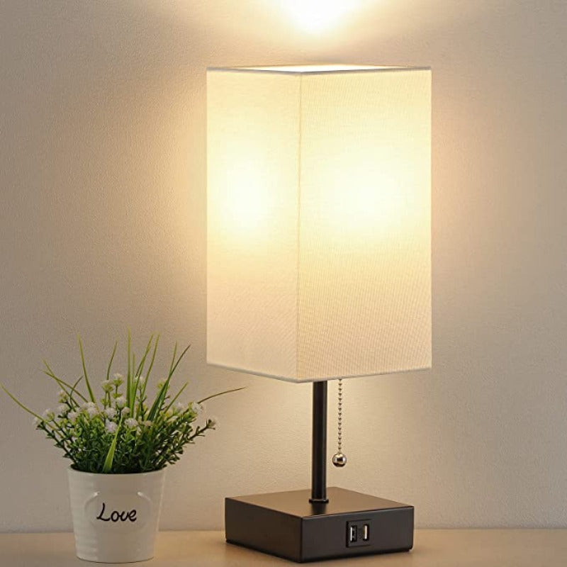 USB Bordslampa - Bordslampa med 2 USB Laddportar, 2700K LED Lampa, Linne Lampkjol