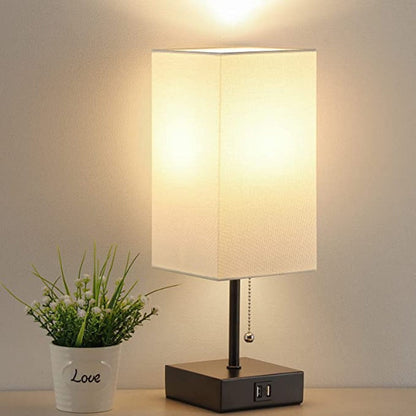 USB Bordslampa - Bordslampa med 2 USB Laddportar, 2700K LED Lampa, Linne Lampkjol