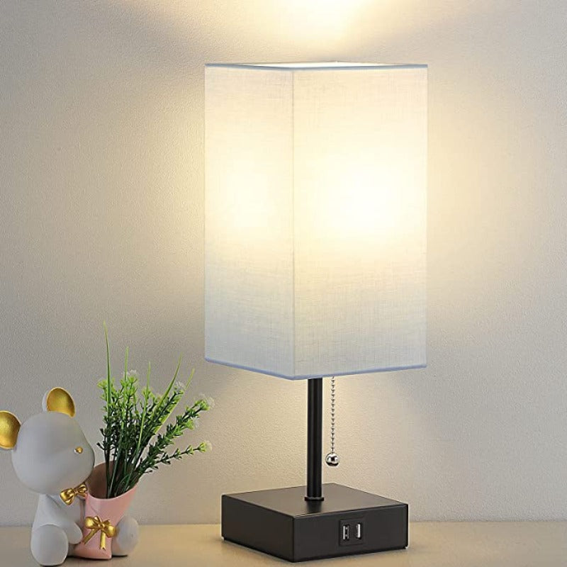 USB Bordslampa - Bordslampa med 2 USB Laddportar, 2700K LED Lampa, Linne Lampkjol