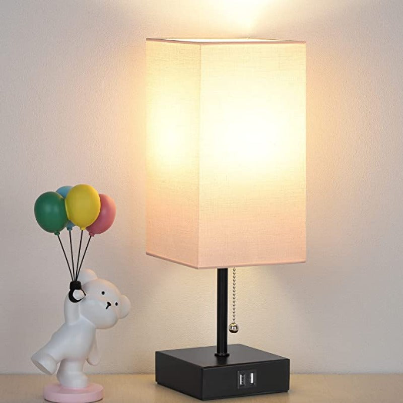 USB Bordslampa - Bordslampa med 2 USB Laddportar, 2700K LED Lampa, Linne Lampkjol
