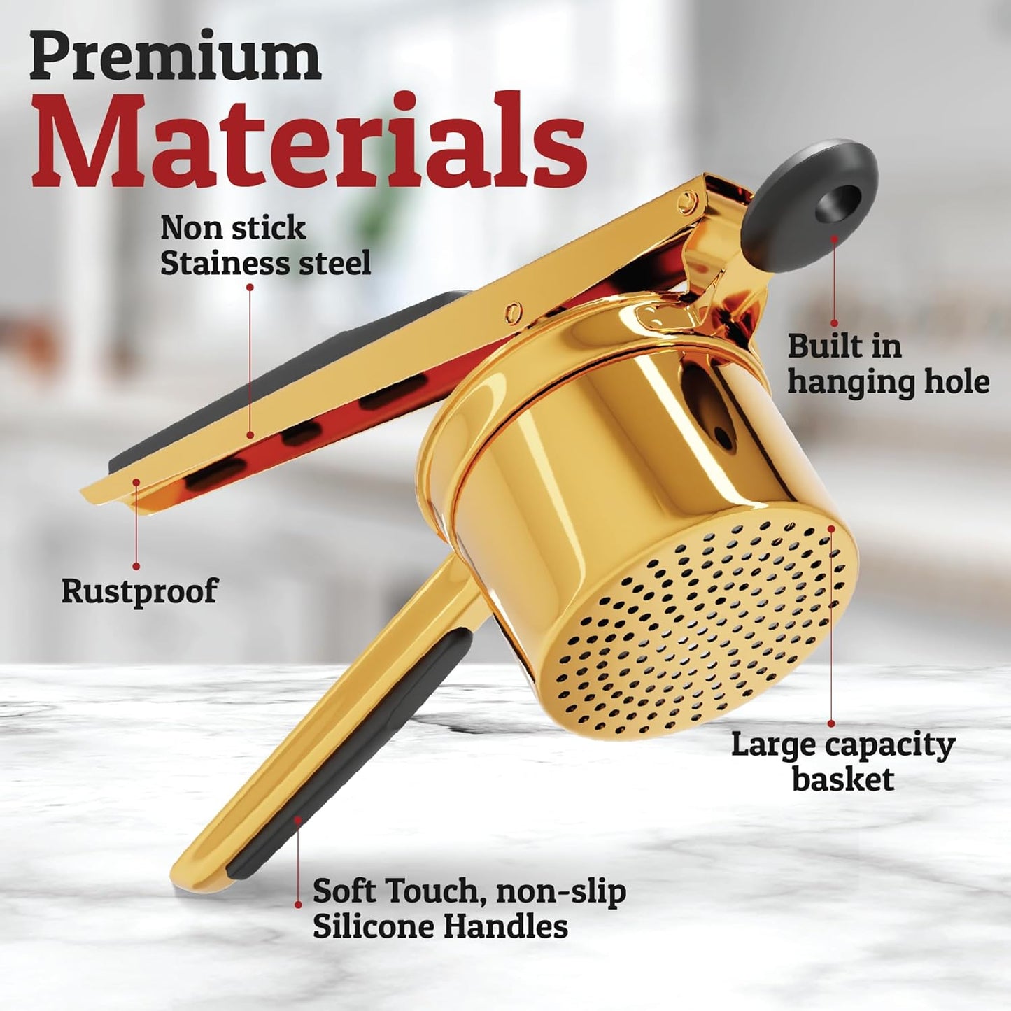 Carvallo Pro rostfritt stål potatispress 15oz | Extra stor kapacitet | För puré, grönsaker & frukt | Klumpfri & robust