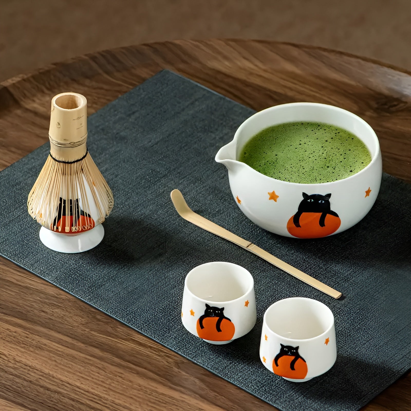 Matcha Set med kattdesign – Inklusive skål, bambusvisp &amp; sked | Perfekt present för teälskare