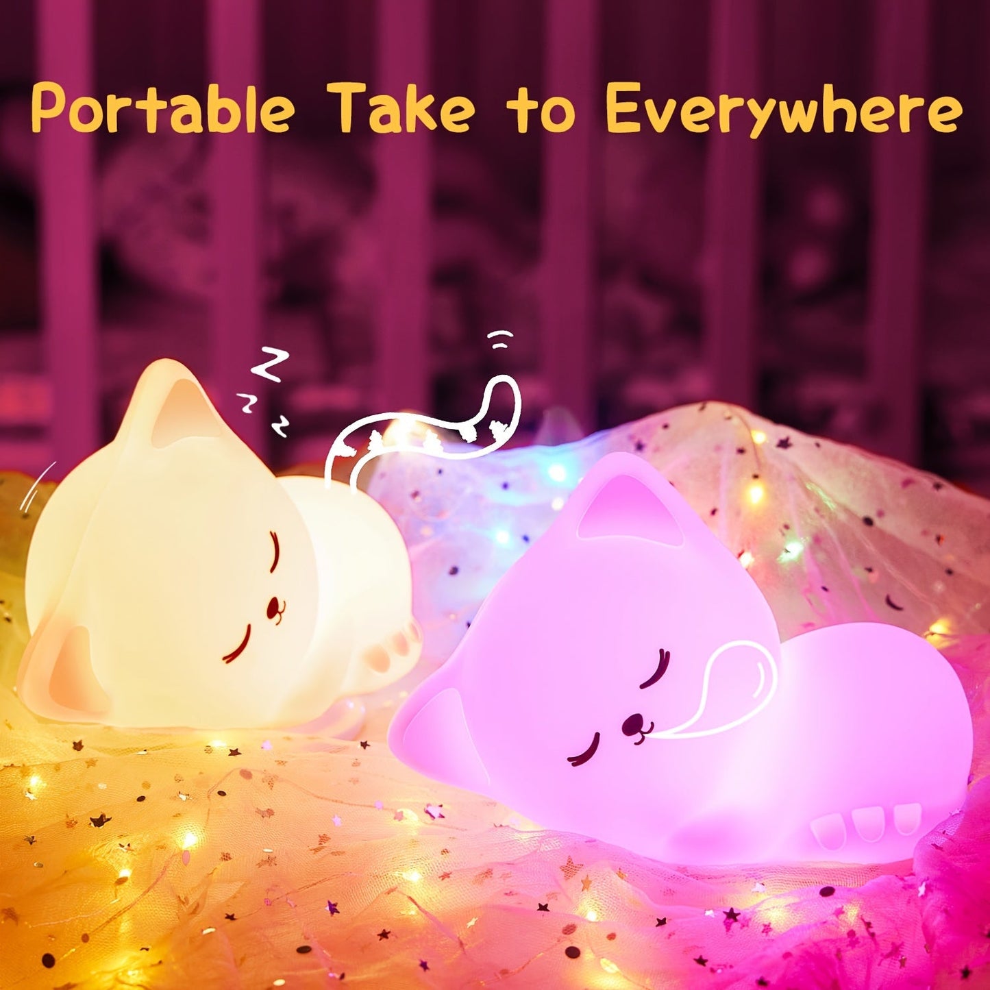 KittyGlow - Söt Kattnattlampa med Fjärrkontroll och USB Laddningsbar Silikonlampa