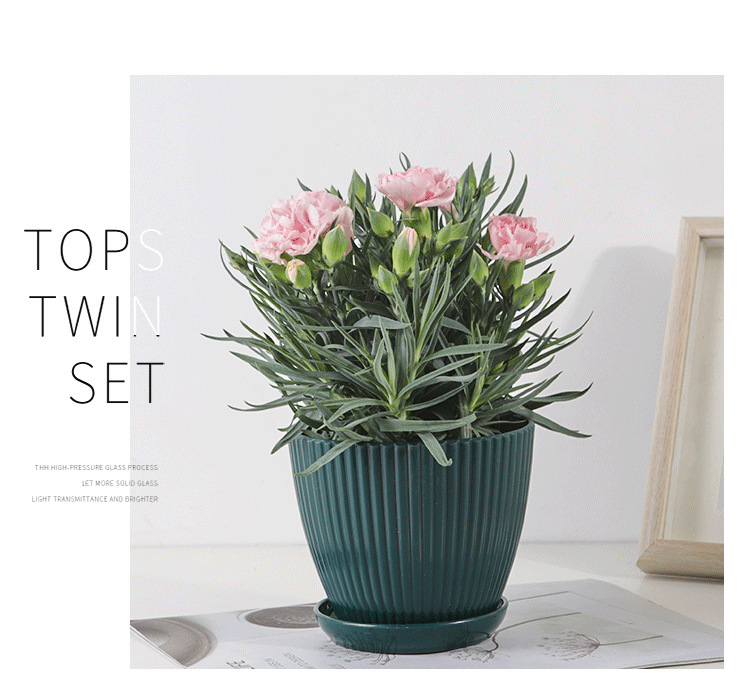 Blomkruka med ribbad struktur och bricka – Stabil plastkruka för växter