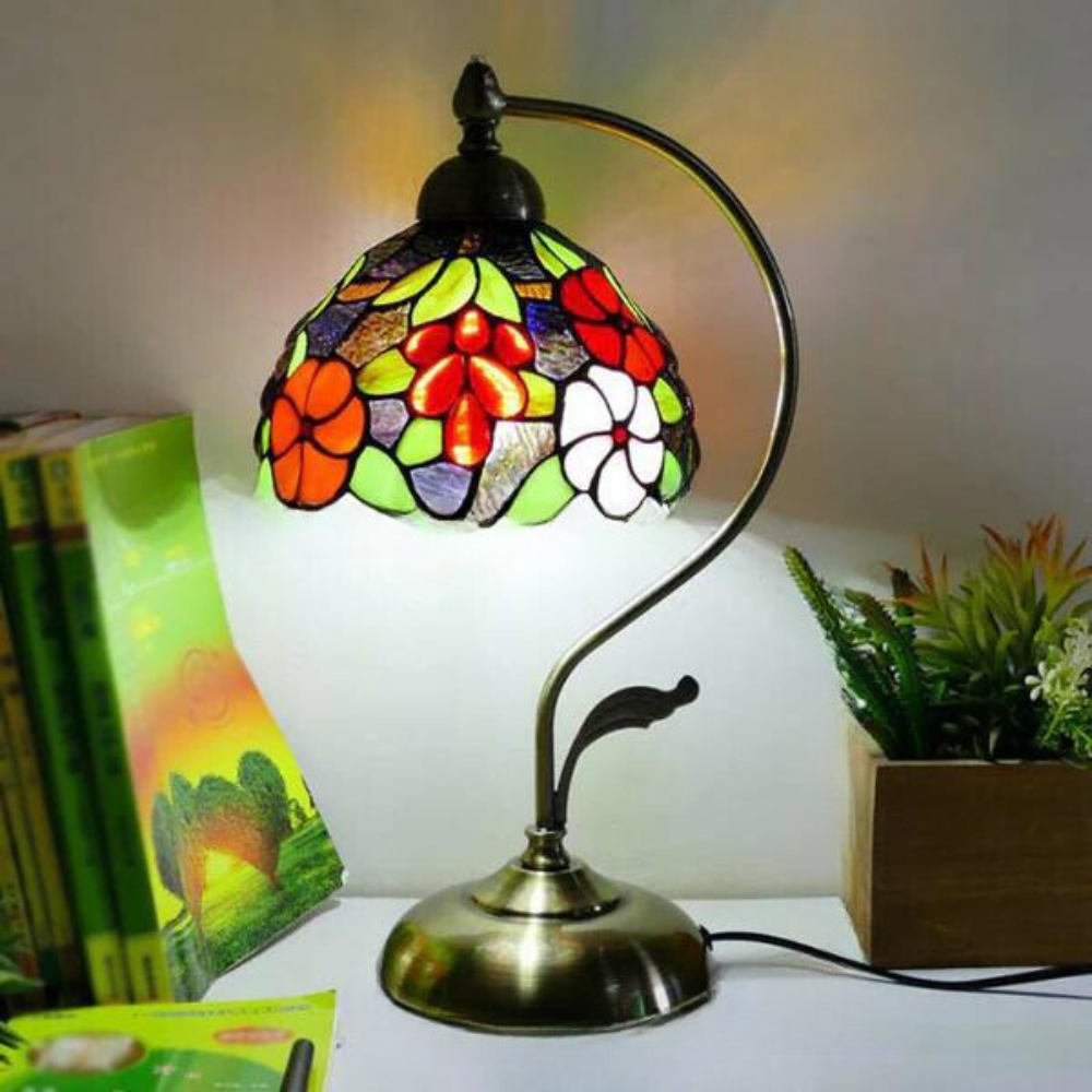 Tiffany Gooseneck Bordslampa - Metall Nattduksbordslampa med Handbearbetad Glaskupa