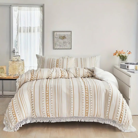Mjukt Randig och Tofs Duvet Set | 3st