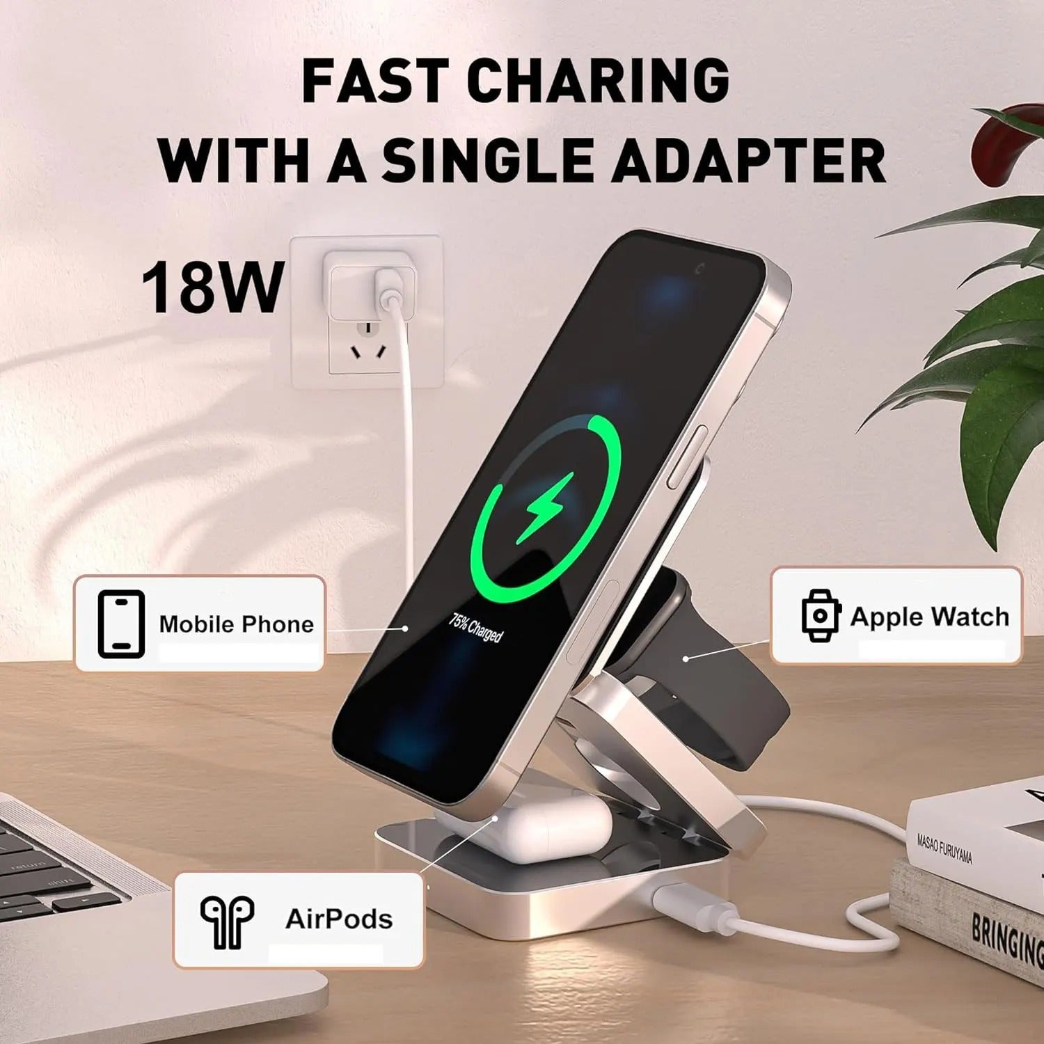 3 i 1 Snabb Magnetisk Fällbar Trådlös Laddare För iPhones, AirPods och Apple Watches