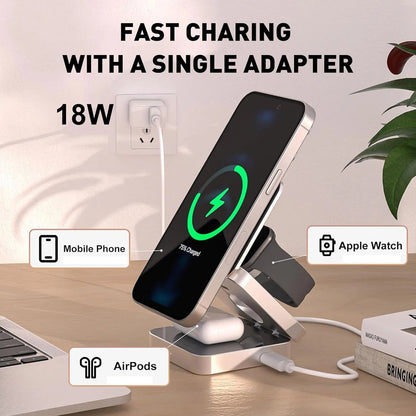 3 i 1 Snabb Magnetisk Fällbar Trådlös Laddare För iPhones, AirPods och Apple Watches