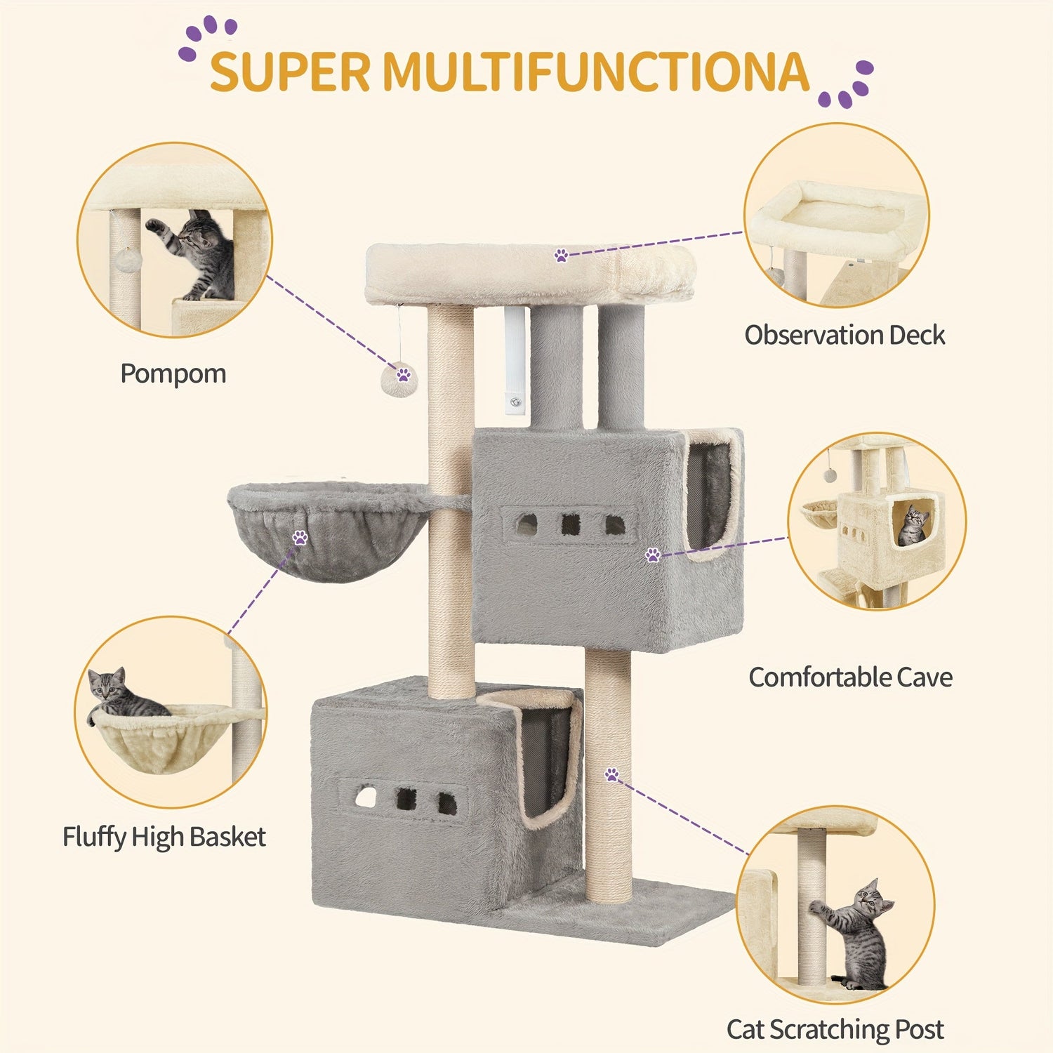 Flerfärgad Kattträd med Klösstolpe och Mysiga Grottor