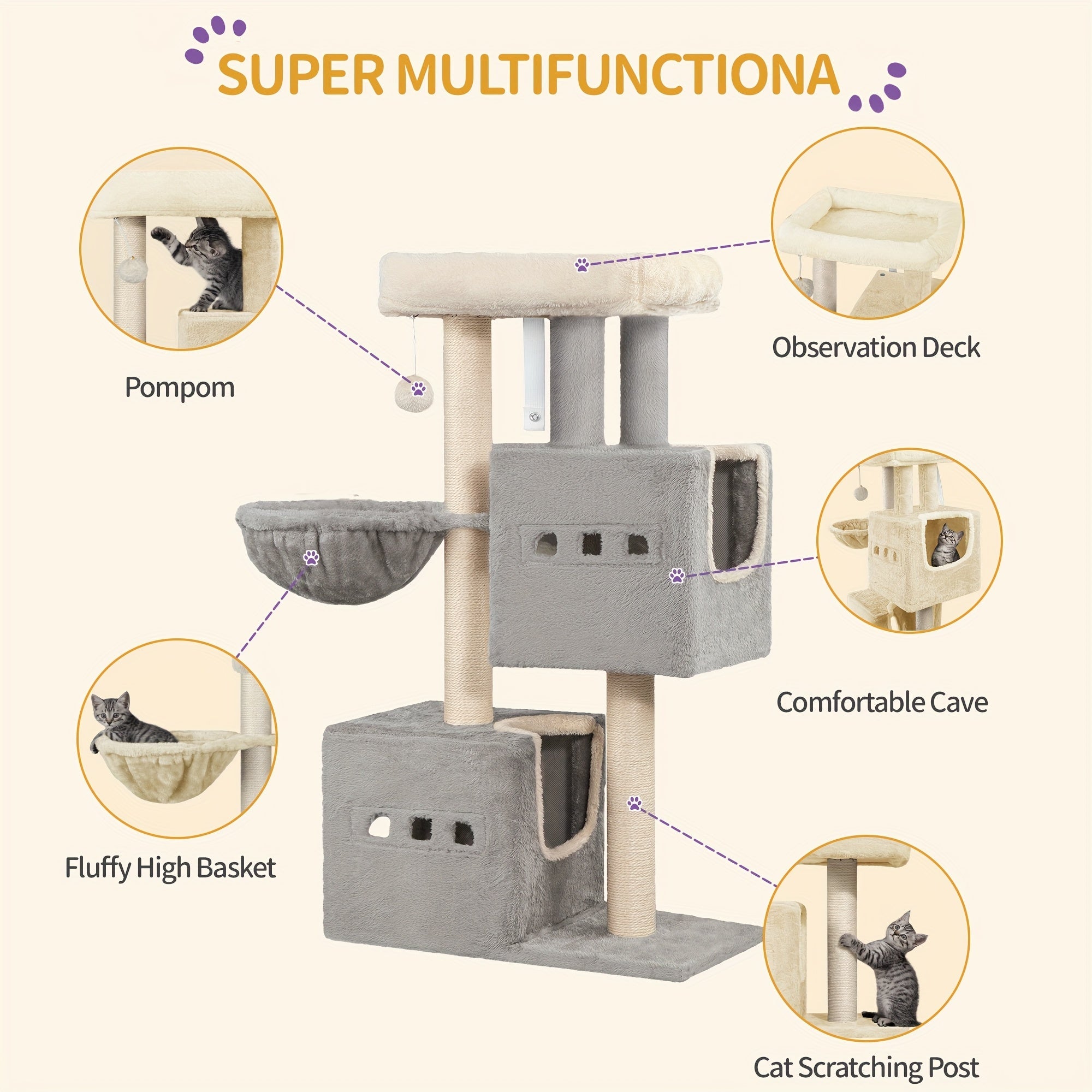 Flerfärgad Kattträd med Klösstolpe och Mysiga Grottor